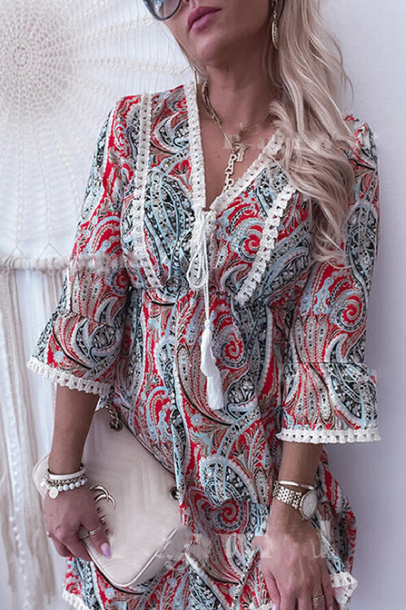Print Lace V Neck Cake Skirt Dresses