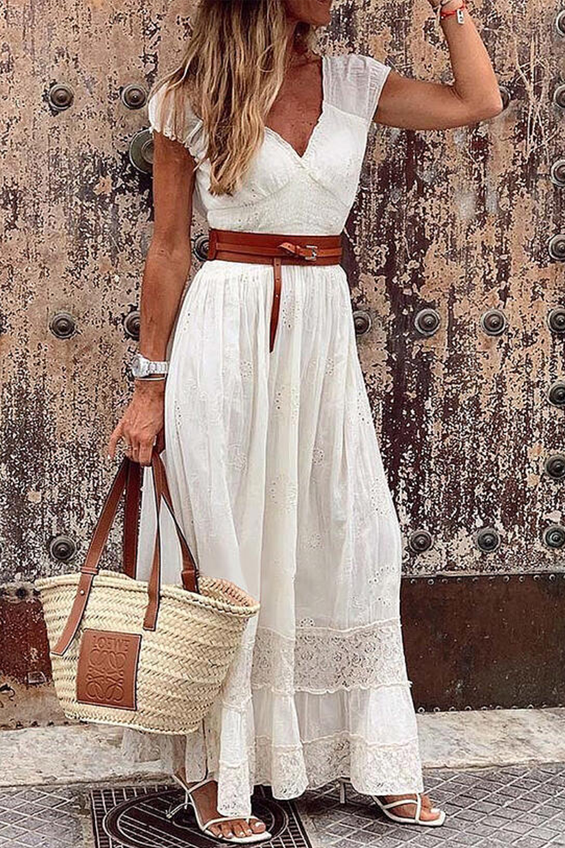 Patchwork V Neck Waist Skirt Dresses