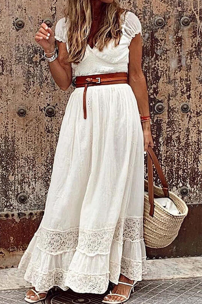 Patchwork V Neck Waist Skirt Dresses