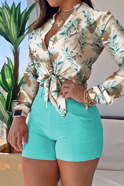 Print Patchwork Buckle Turndown Collar Long Sleeve Two Pieces