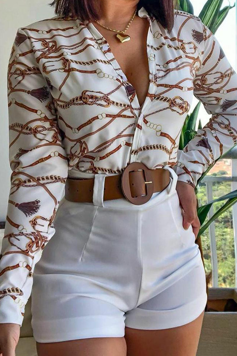 Print Patchwork Buckle Turndown Collar Long Sleeve Two Pieces