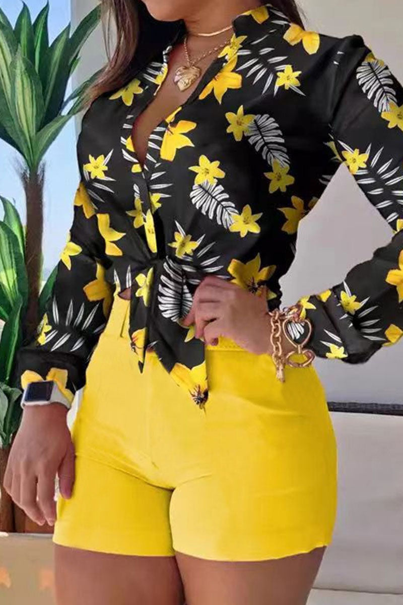 Print Patchwork Buckle Turndown Collar Long Sleeve Two Pieces