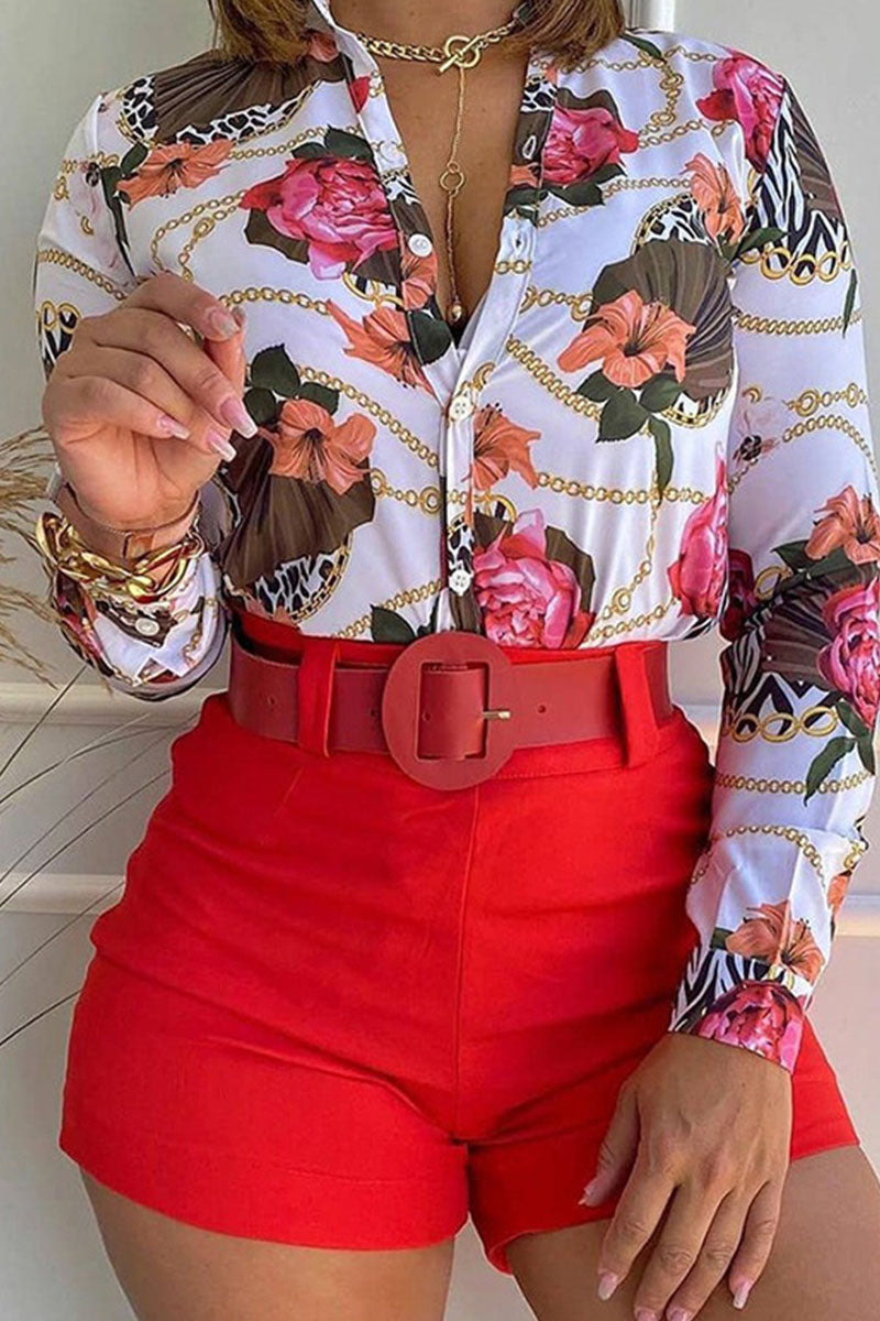 Print Patchwork Buckle Turndown Collar Long Sleeve Two Pieces