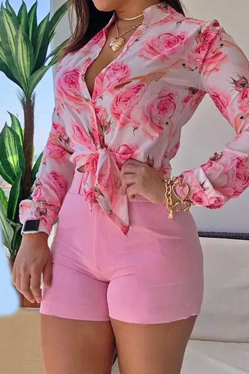 Print Patchwork Buckle Turndown Collar Long Sleeve Two Pieces