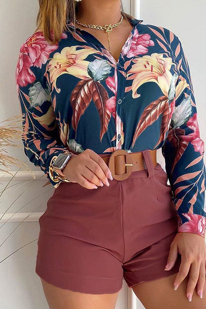 Print Patchwork Buckle Turndown Collar Long Sleeve Two Pieces