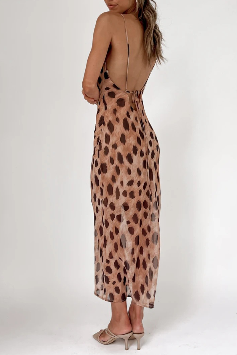 Animal Print Leopard Patchwork Spaghetti Strap Pencil Skirt Dresses