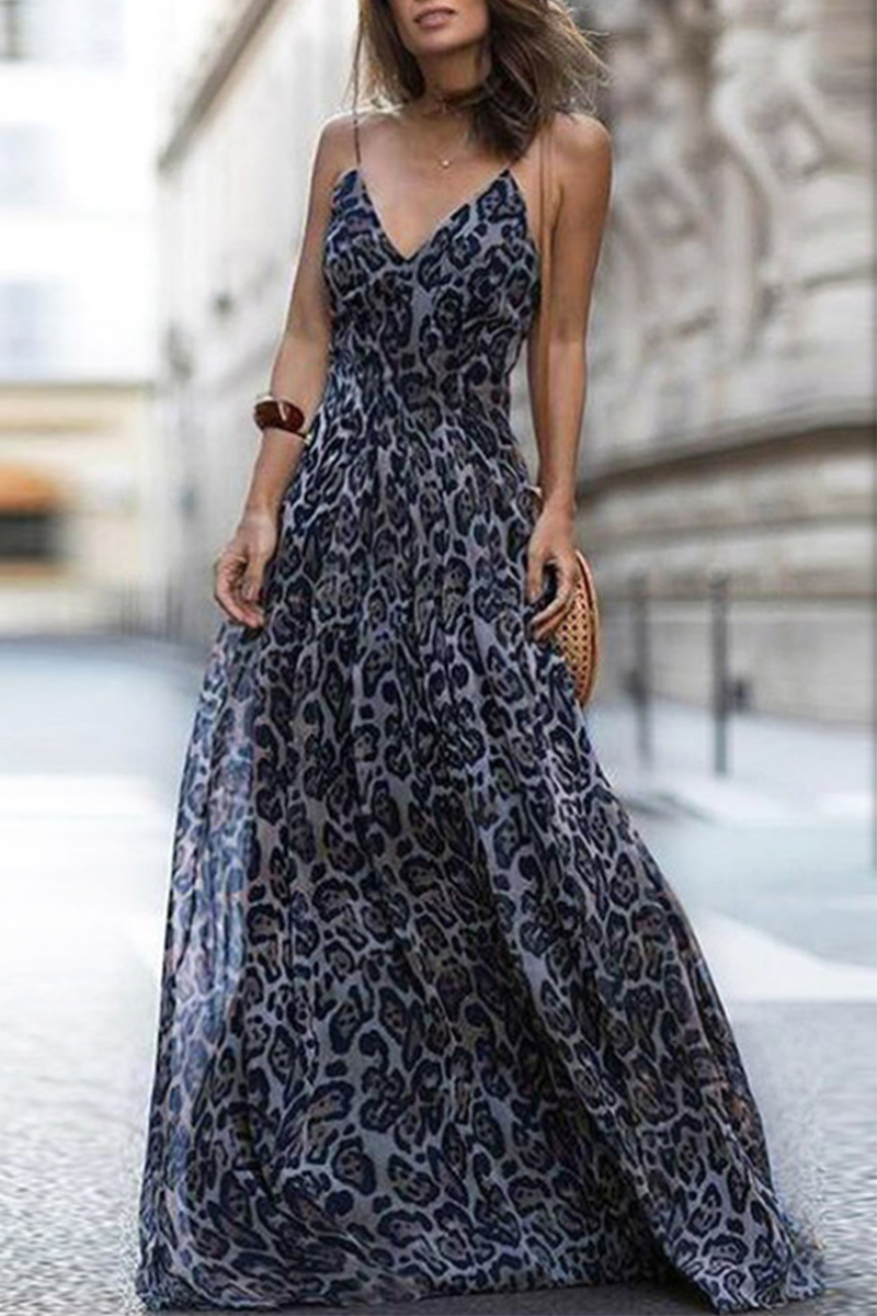 Leopard Split Joint Spaghetti Strap Cake Skirt Dresses
