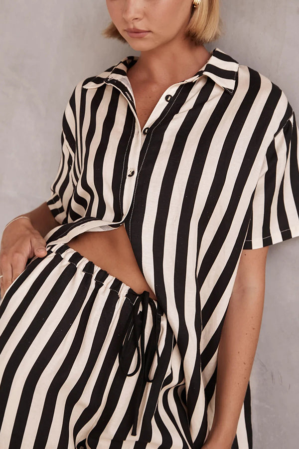 Erika Striped Shirt and Elastic Waist Pocket Wide Leg Pants Set