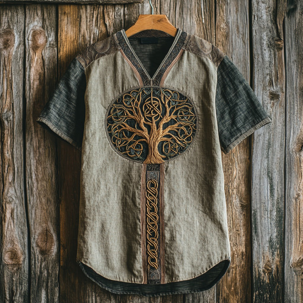 Men's Viking Tribal Life Of Tree Celtic Art Linen V-neck T Shirt elevenforest