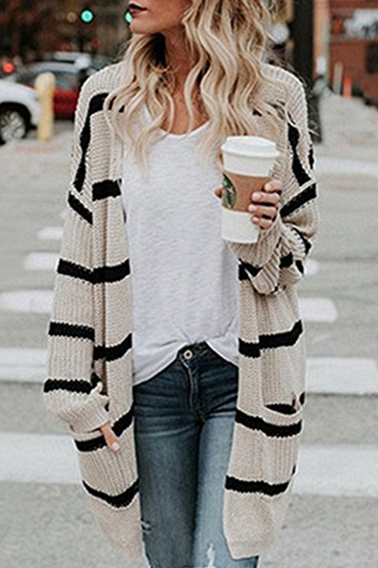 Striped Split Joint Cardigan Collar Outerwear