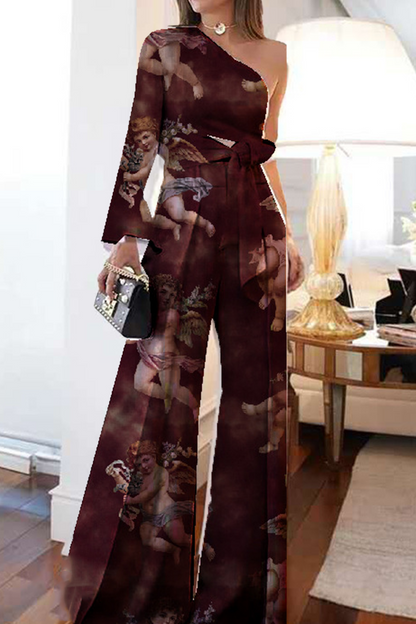 Print Patchwork One Shoulder Three Quarter Two Pieces