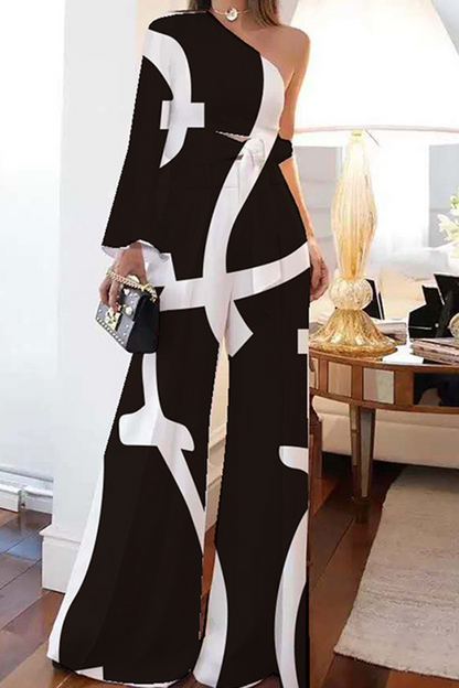 Print Patchwork One Shoulder Three Quarter Two Pieces