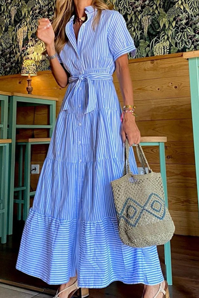 Striped Patchwork Turndown Collar Cake Skirt Dresses