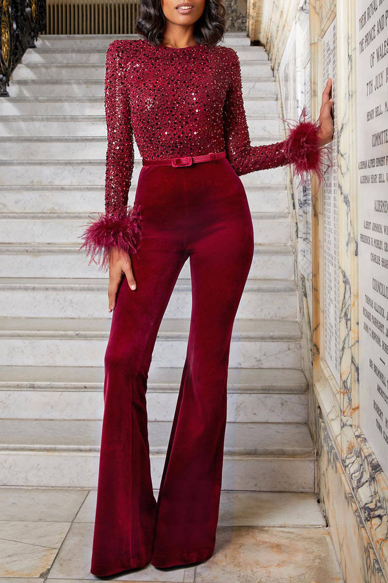 Patchwork Feathers Beading O Neck Straight Jumpsuits