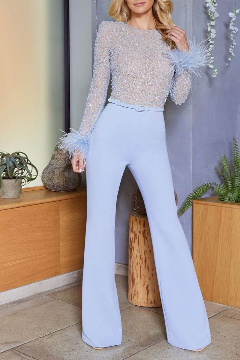 Patchwork Feathers Beading O Neck Straight Jumpsuits