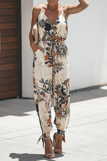 Print Patchwork Spaghetti Strap Harlan Jumpsuits(4 Colors)