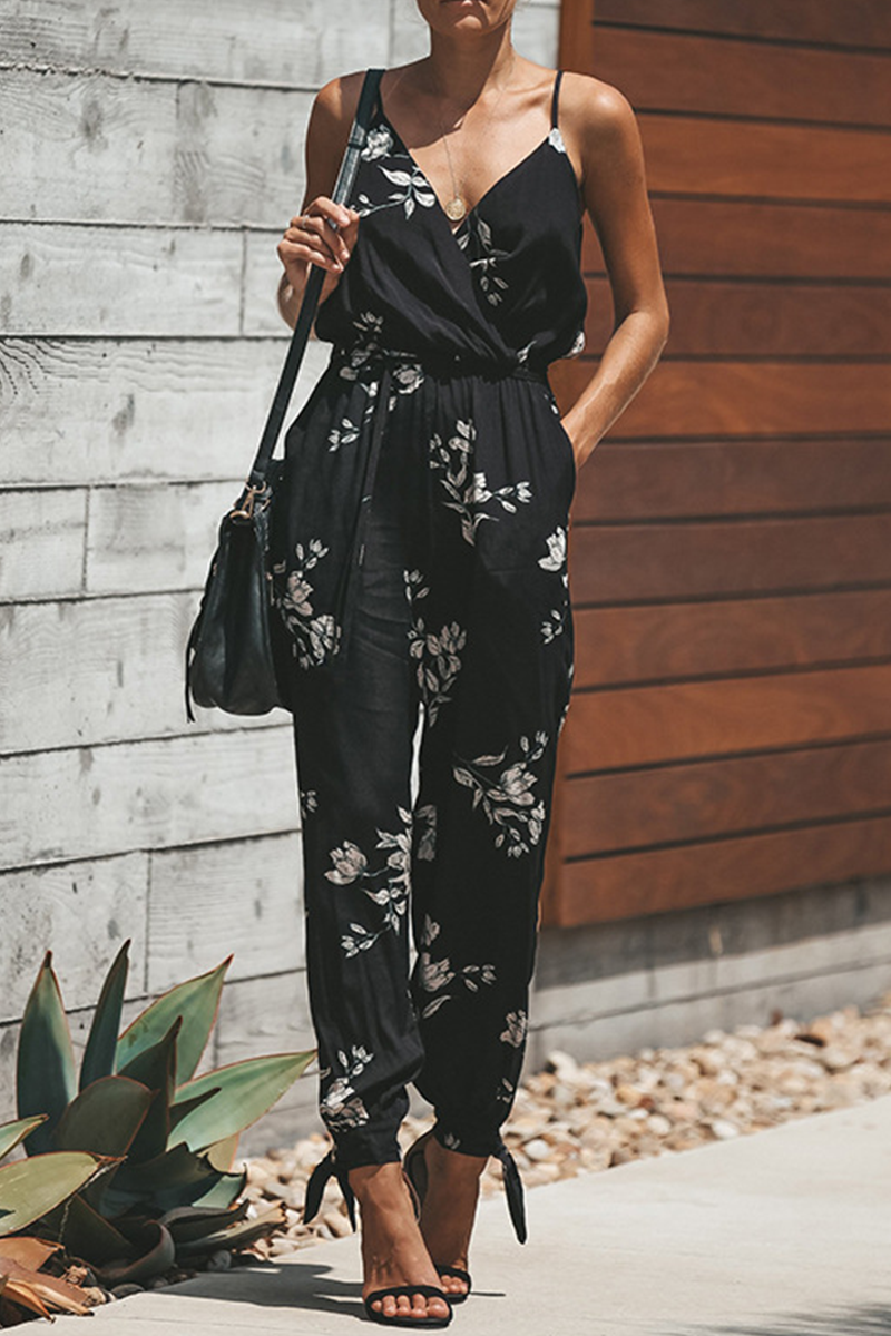 Print Patchwork Spaghetti Strap Harlan Jumpsuits(4 Colors)