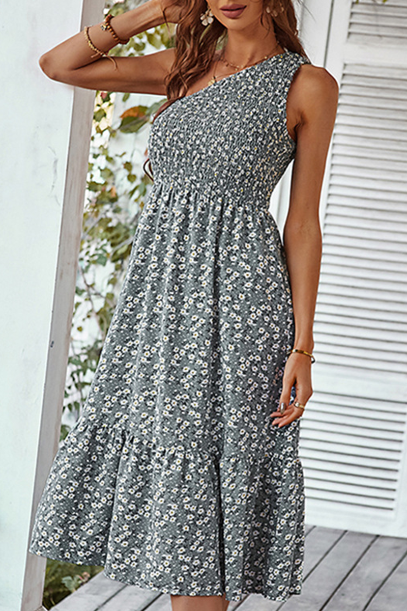 Print Patchwork One Shoulder Cake Skirt Dresses(4 Colors)