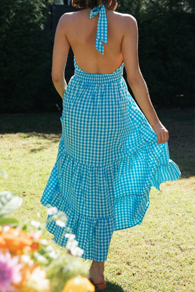 Plaid Hollowed Out Halter Cake Skirt Dresses