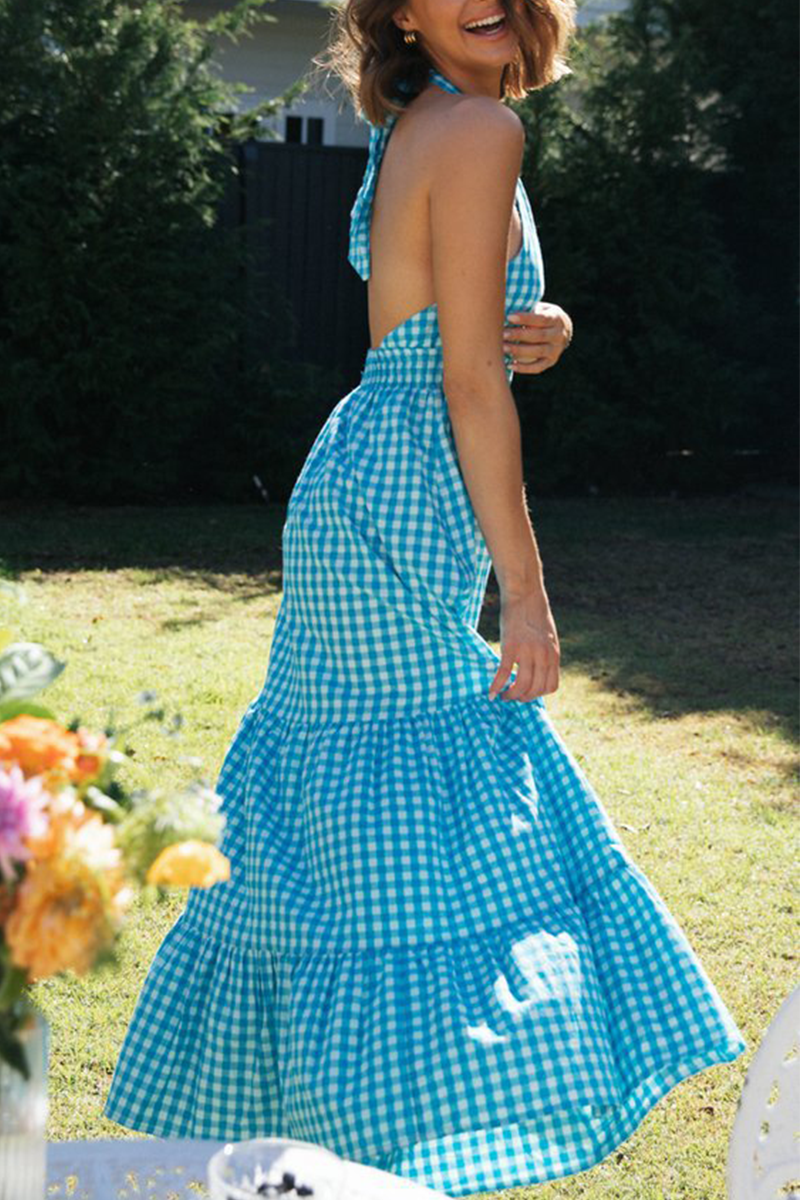 Plaid Hollowed Out Halter Cake Skirt Dresses