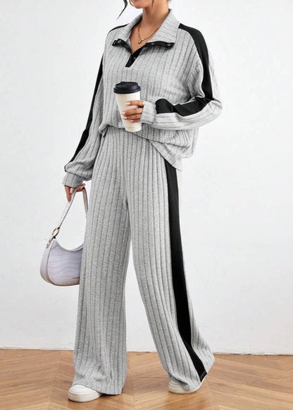 Effortless Luxe - Ribbed Knit Pullover and Wide-leg Pants Set