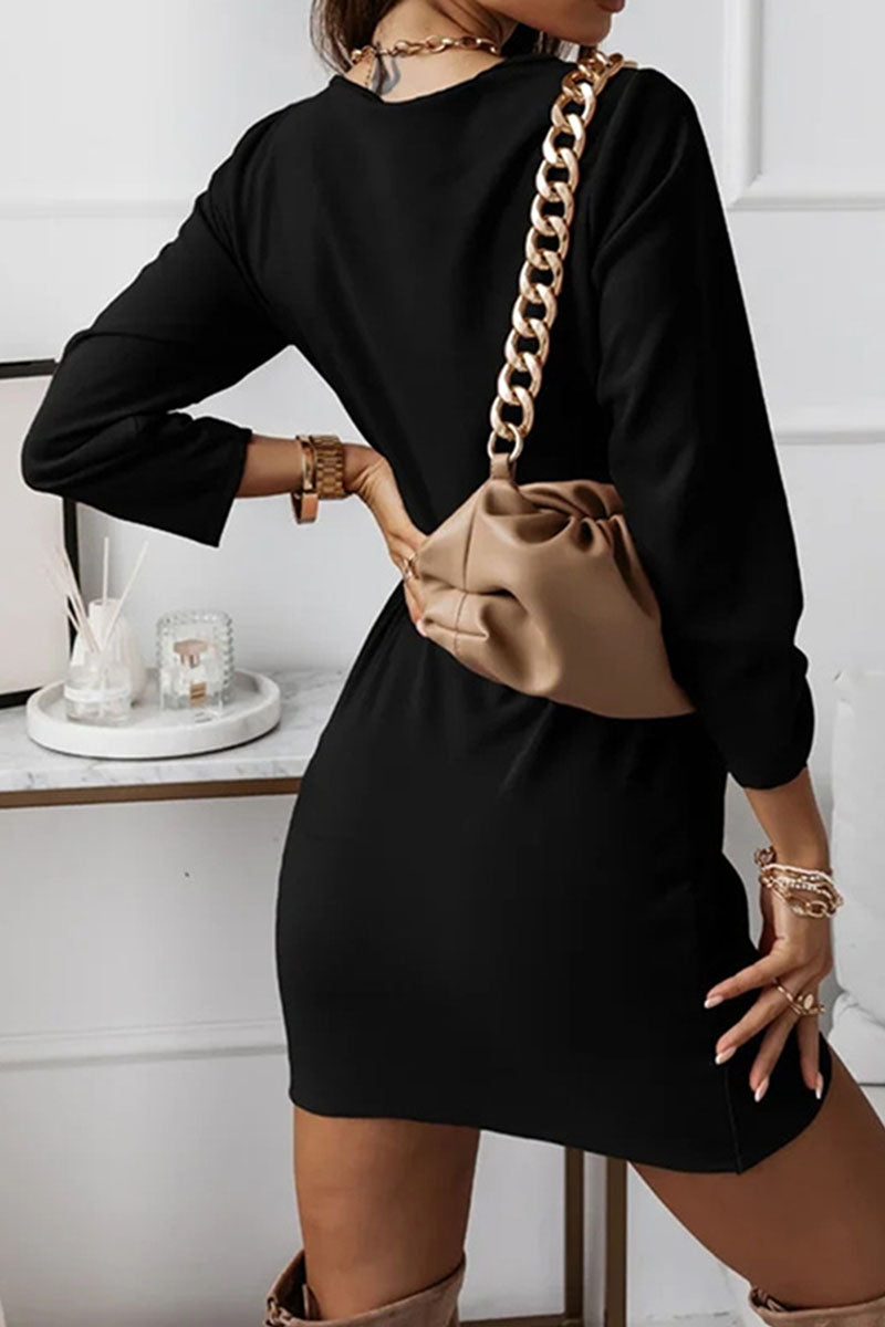 Patchwork Fold V Neck Pencil Skirt Dresses(4 Colors)