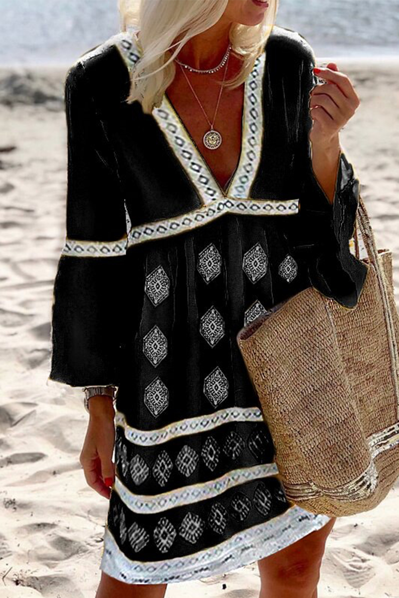 Print Patchwork V Neck Cake Skirt Dresses(4 Colors)