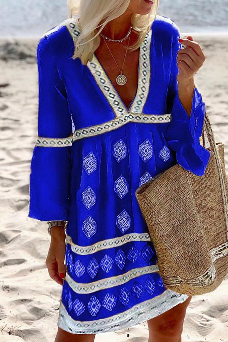 Print Patchwork V Neck Cake Skirt Dresses(4 Colors)