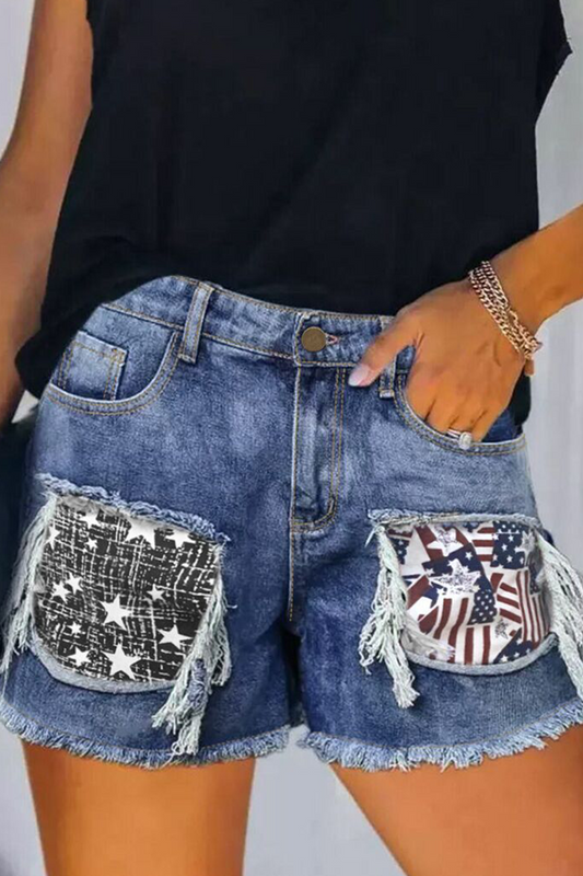 Print Ripped Mid Waist Regular Denim Shorts