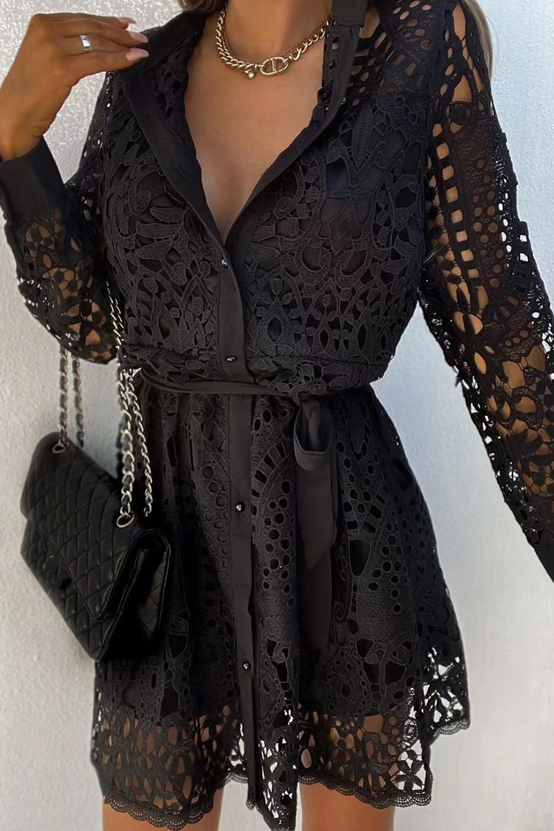 Lace Turndown Collar Waist Skirt Dresses(3 Colors)