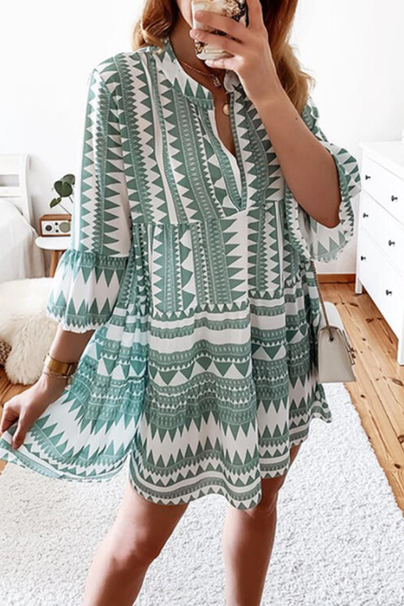 Print Split Joint V Neck Cake Skirt Dresses(4 Colors)