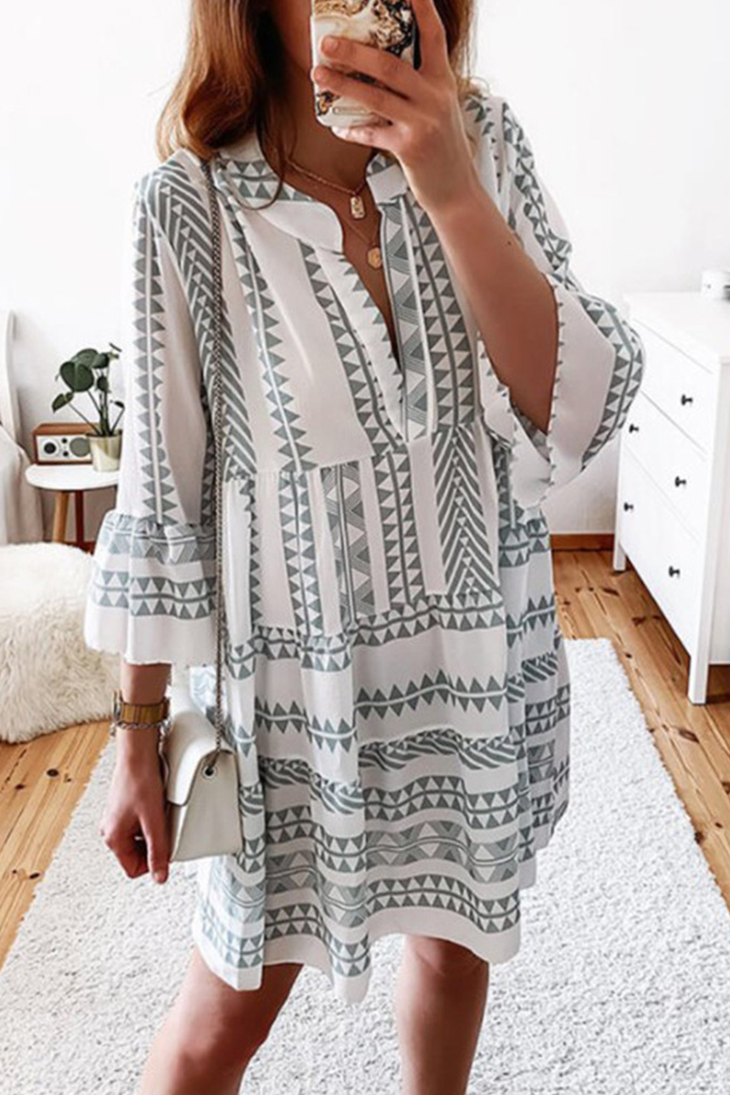 Print Split Joint V Neck Cake Skirt Dresses(4 Colors)