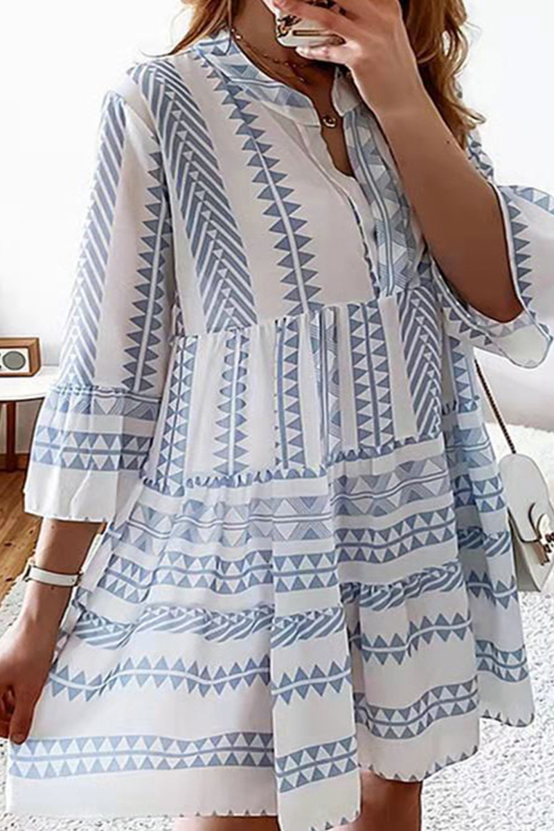 Print Split Joint V Neck Cake Skirt Dresses(4 Colors)