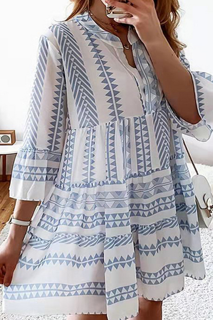 Print Split Joint V Neck Cake Skirt Dresses