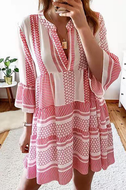 Print Split Joint V Neck Cake Skirt Dresses