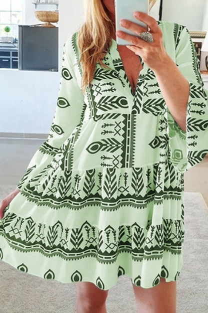 Print Patchwork V Neck Cake Skirt Dresses