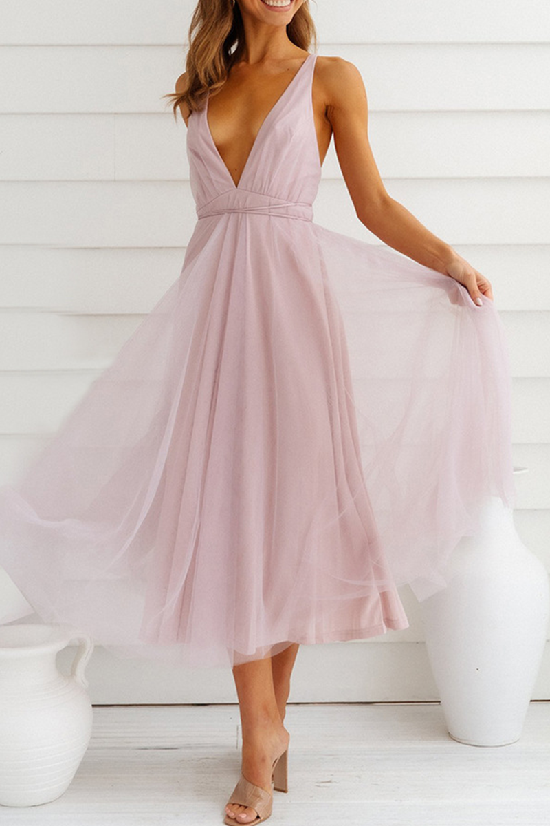 Mesh V Neck Cake Skirt Dresses(4 Colors)
