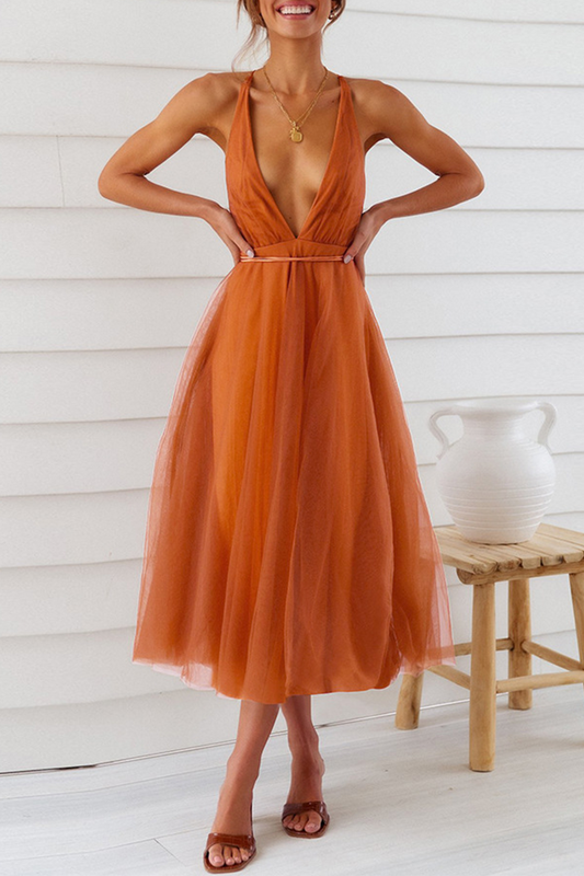 Mesh V Neck Cake Skirt Dresses(4 Colors)