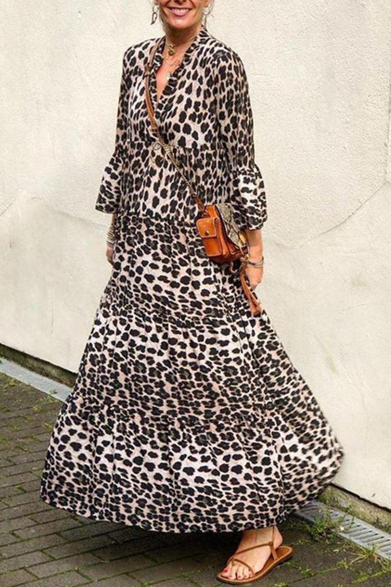 Leopard Patchwork V Neck Cake Skirt Dresses(4 Colors)
