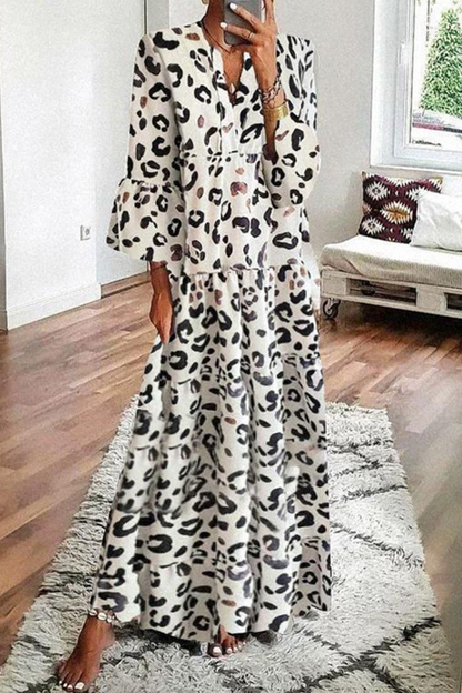 Leopard Patchwork V Neck Cake Skirt Dresses(4 Colors)