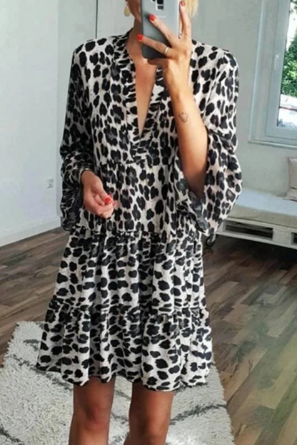 Leopard Patchwork V Neck Cake Skirt Dresses
