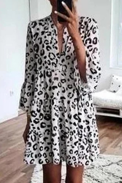 Leopard Patchwork V Neck Cake Skirt Dresses