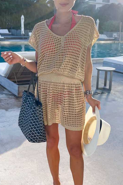 Mesh V Neck Waist Skirt Dresses(5 Colors)