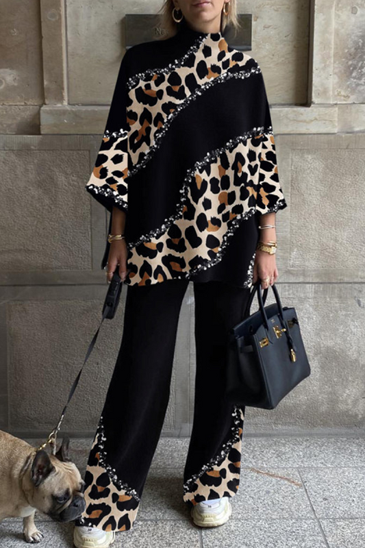 Print Split Joint Turtleneck Three Quarter Two Pieces