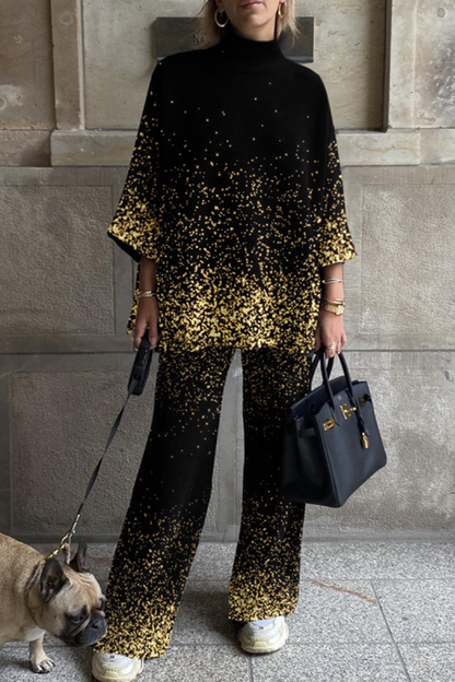 Print Split Joint Turtleneck Three Quarter Two Pieces