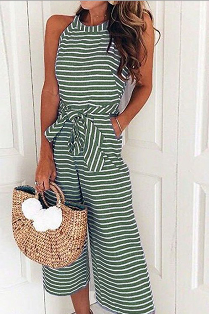 Striped Patchwork O Neck Loose Jumpsuits(5 Colors)