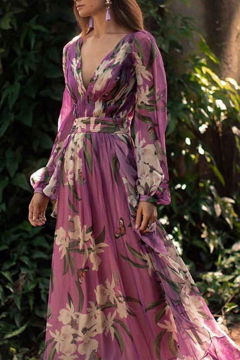 Print Mesh V Neck Waist Skirt Dresses