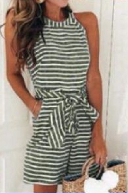 Patchwork Bandage With Belt O Neck Loose Jumpsuits(5 Colors)