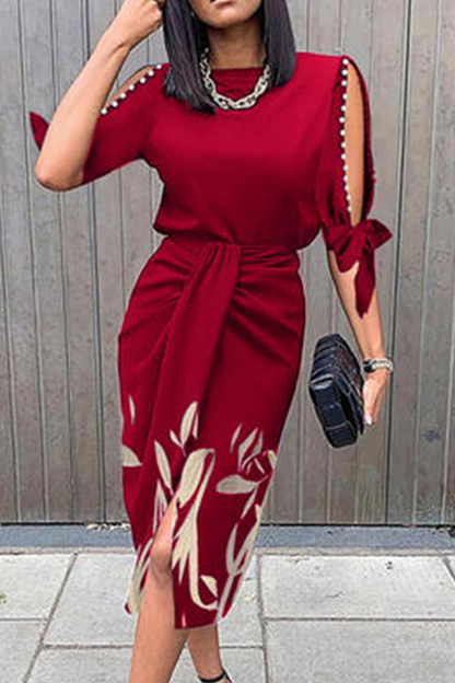 Print O Neck Waist Skirt Dresses(5 Colors)