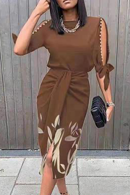 Print O Neck Waist Skirt Dresses(5 Colors)